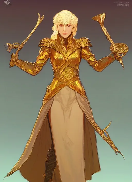 Prompt: concept art of a beautiful gold haired female healer. game of thrones character design by laurie greasley and sherree valentine daines concept art, matte, sharp focus, illustration, hearthstone, art by artgerm and greg rutkowski and alphonse mucha