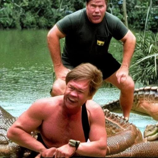 Prompt: steve irwin forgot to put his shorts on before wrestling a giant crocodile