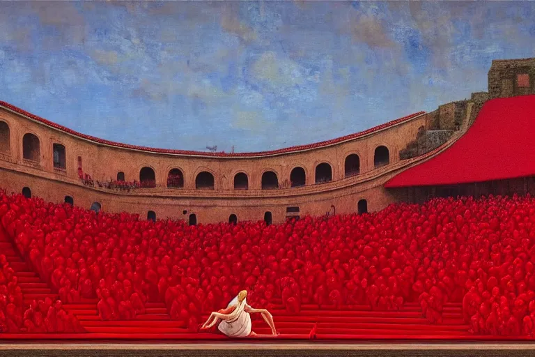 Image similar to only with red, a red great emperor, taormina amphitheatre, expressive crowd with big smile, in the style of beksinski, parts by edward hopper, parts by rodcenko, parts by yue minjun, intricate and epic composition, red by caravaggio, insanely quality, highly detailed, masterpiece, red light, artstation, 4 k