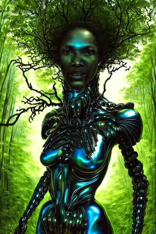 Image similar to hyperrealistic post - baroque super expressive! black woman with exoskeleton armor, merging with tree in a forest, highly detailed digital art masterpiece smooth cam de leon eric zener dramatic pearlescent blue green light ground angle hd 8 k sharp focus