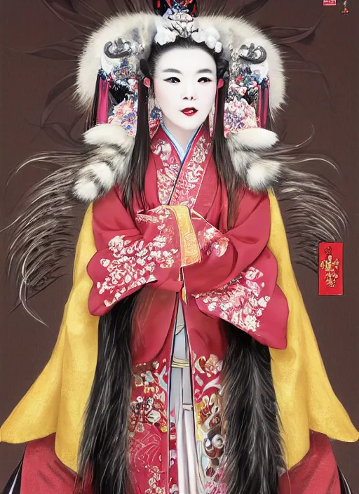 Image similar to full body portrait of a female kitsune peking opera actress with nine fluffy tails by wlop, wuxia, xianxia, kitsune, fox tails, nine - tailed fox, peking opera, lithe, absurdly beautiful, detailed, realistic, anatomically accurate, fantasy illustration, artstation, wlop, 4 k.
