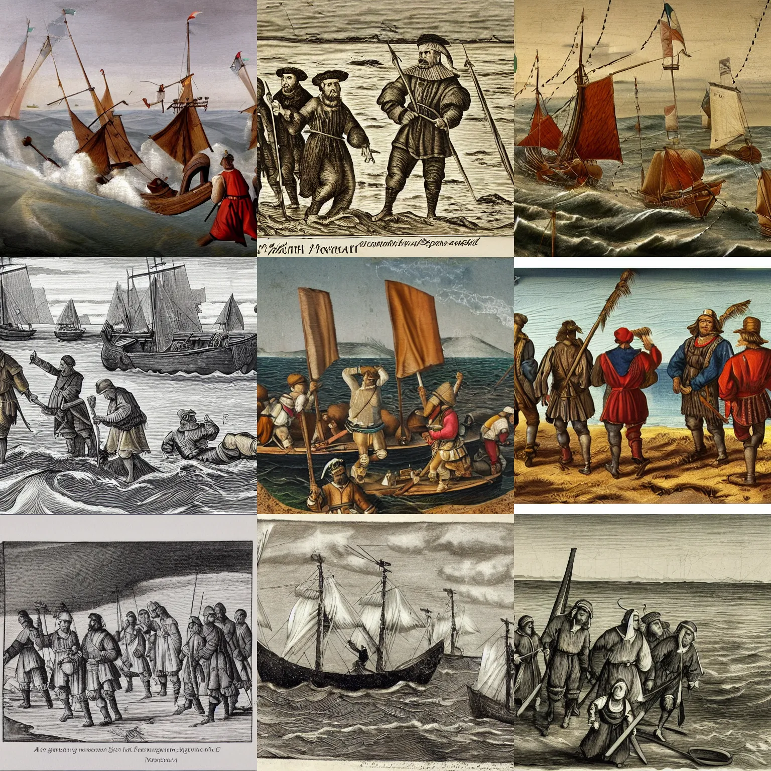 Prompt: A photograph of 16th century portuguese navigators walking on the shores of North America, sharp, good quality, detailed, award winning, realistic, contrast