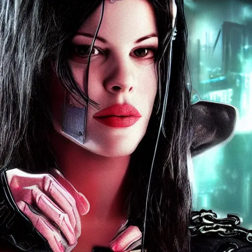 Prompt: full shot photo of liv tyler as a cyberpunk thief warrior