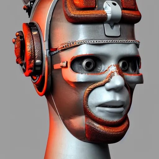 Image similar to a claymodel of a dieselpunk aztec futuristic robot head wearing an emotiv eeg - headset, 8 k, front shot, symetrical, flourescent colors, halluzinogenic, multicolored, insanely detailed, front shot, 3 d render, octane