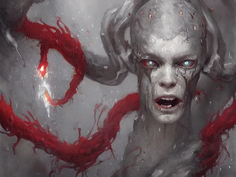 Prompt: painting by greg rutkowski a flying human head with tears running down it's face face that is chalk white in color, with long white!! tentacles!! coming out of the neck, fiery scorching red eyes, flying in a terrying hellish dark cavernous place