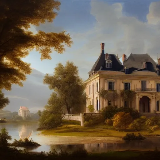 Prompt: a large serene beautiful matte painting of a delapitaded quaint french country mansion, by asher brown durand and greg rutkowski, featured on artstation, blue and orange color scheme