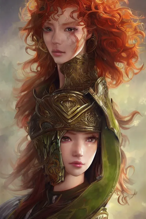 Image similar to A realistic anime portrait of long curly haired redhead female ranger wearing an intricate fantasy ranger outfit, asian facial features, green eyes, digital painting, by Stanley Artgerm Lau, Sakimichan, WLOP and Rossdraws, digtial painting, trending on ArtStation, SFW version