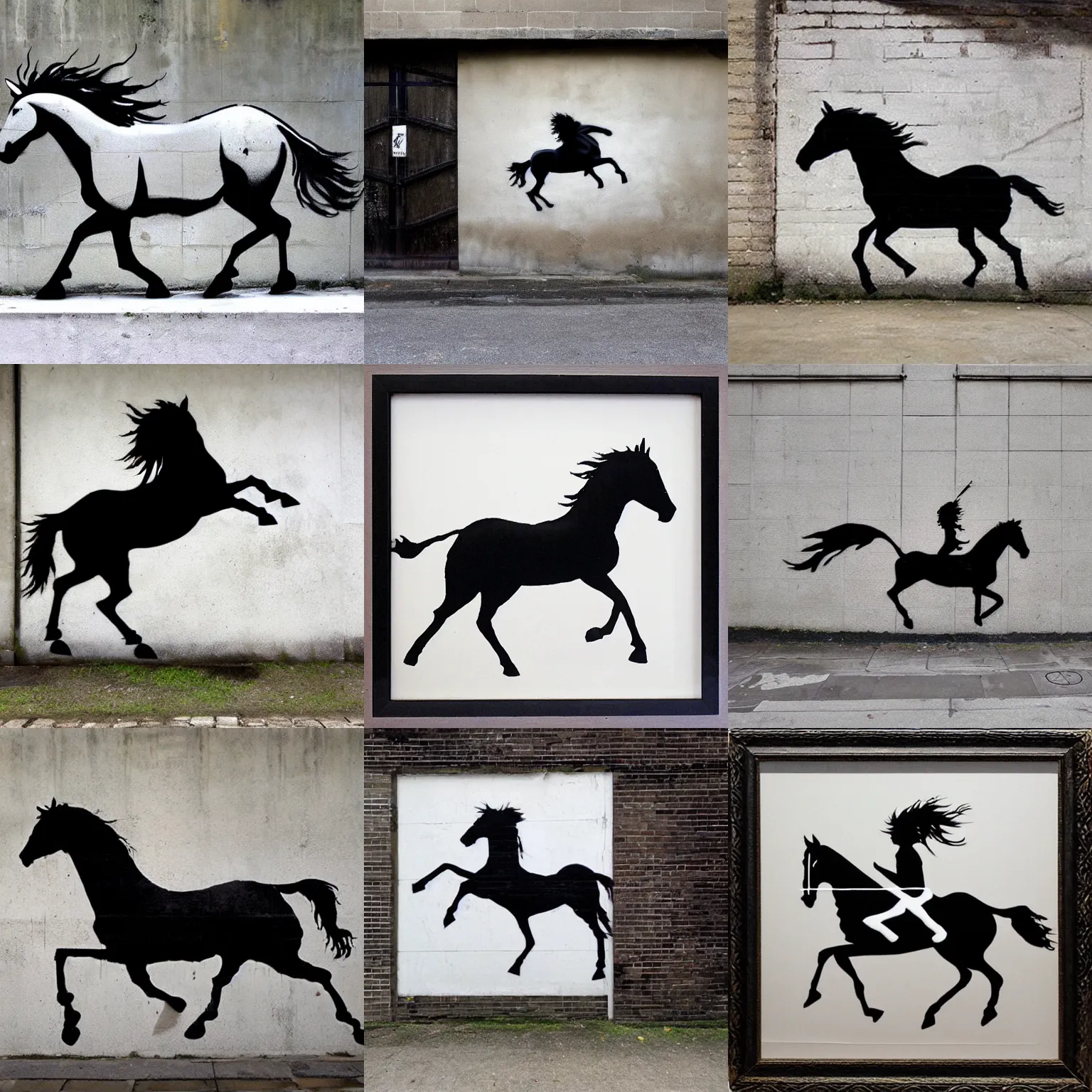 Prompt: running horse by banksy, black and white