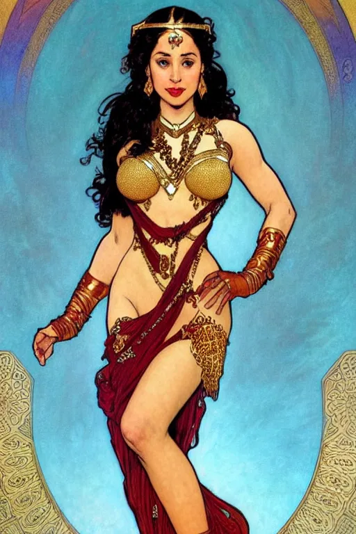 Prompt: portrait of a cute dejah thoris wearing a intricate gold dress, wide eyes, open mouth, pin - up, south asian, fantasy, jewelry, digital painting, artstation, red desert background, wallpaper, smooth, illustration, art by norman rockwell, alphonse mucha, adam hughes, jason lan