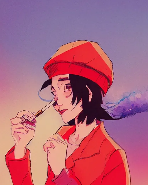 Prompt: girl with beret smoking a cigarette, colored manga panel, drawn by Anton Fadeev