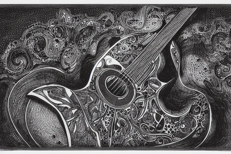 Image similar to a technical drawing of a guitar designed by by Joe Fenton, black ink on textured paper, high detail, blueprint, intricate