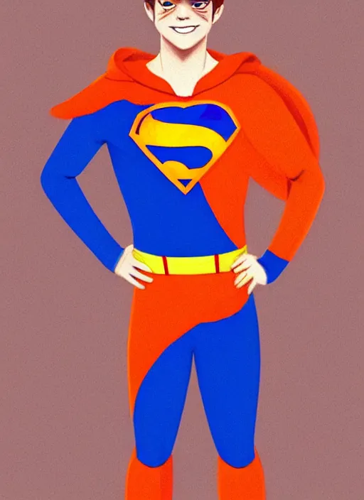 Image similar to friendly teenage archie andrews wearing an orange superhero costume with heart logo, heart, freckles, blue cape, heart emblem on chest, blue cape, intricate, elegant, glowing lights, highly detailed, digital painting, artstation, sharp focus, illustration, art by wlop, mars ravelo and greg rutkowski