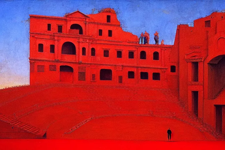 Image similar to only with red, a red melted emperor, taormina amphitheatre, crowd hails him, in the style of beksinski, parts by edward hopper, parts by rodcenko, parts by yue minjun, intricate and epic composition, red by caravaggio, insanely quality, highly detailed, masterpiece, red light, artstation, 4 k