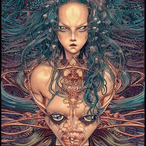 Image similar to portrait of crazy mermaid, symmetrical, by yoichi hatakenaka, masamune shirow, josan gonzales and dan mumford, ayami kojima, takato yamamoto, barclay shaw, karol bak, yukito kishiro