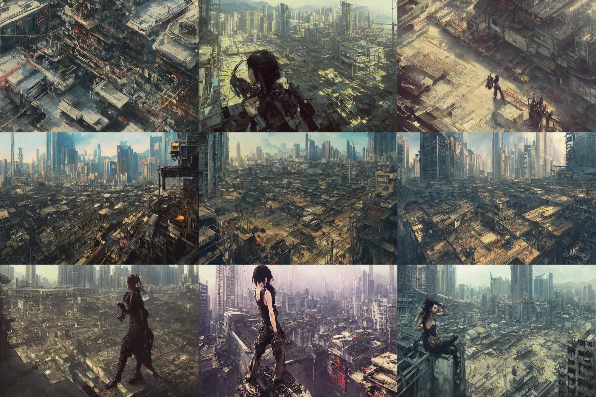 Prompt: ultra realistic beautiful apocalyptic cyberpunk kowloon rooftop techno art, art by krenz cushart, wlop, yoji shinkawa, artgerm, greg rutkowski, alphonse mucha, yuxiang chen, intricate, elegant, highly detailed, digital art, artstation, concept art, smooth, sharp focus, illustration, beautiful sunlight and shadows