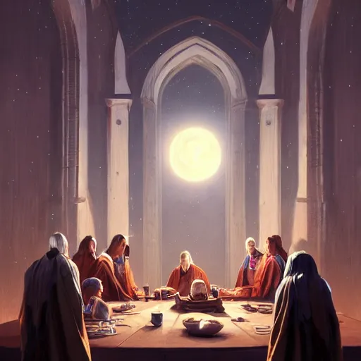 Image similar to A meeting of the council of elders, robed figures sat around a table, beautiful architecture, night time, stars visible, beautiful moon light, concept art, fantasy art, painted by Greg Rutkowski, trending on artstation