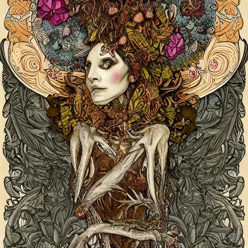 Image similar to a beautiful detailed front view portrait of a rotten woman corpse with fractal plants and fractal flowers and mushrooms growing around, intricate, symmetrical, ornate, ornamentation, bones, illustration, in the style of art nouveau