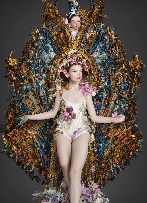 Image similar to full body environmental portrait photo of anya taylor - joy as angel, ornate headpiece made from flowers, ornaments, glamour shot by gemmy woud - binnendijk, chris knight, photorealistic, canon r 3, fashion photography, ornate, elegant, luxury and elite, symmetrical features, octane render, unreal engine, solid dark grey background, dramatic lights