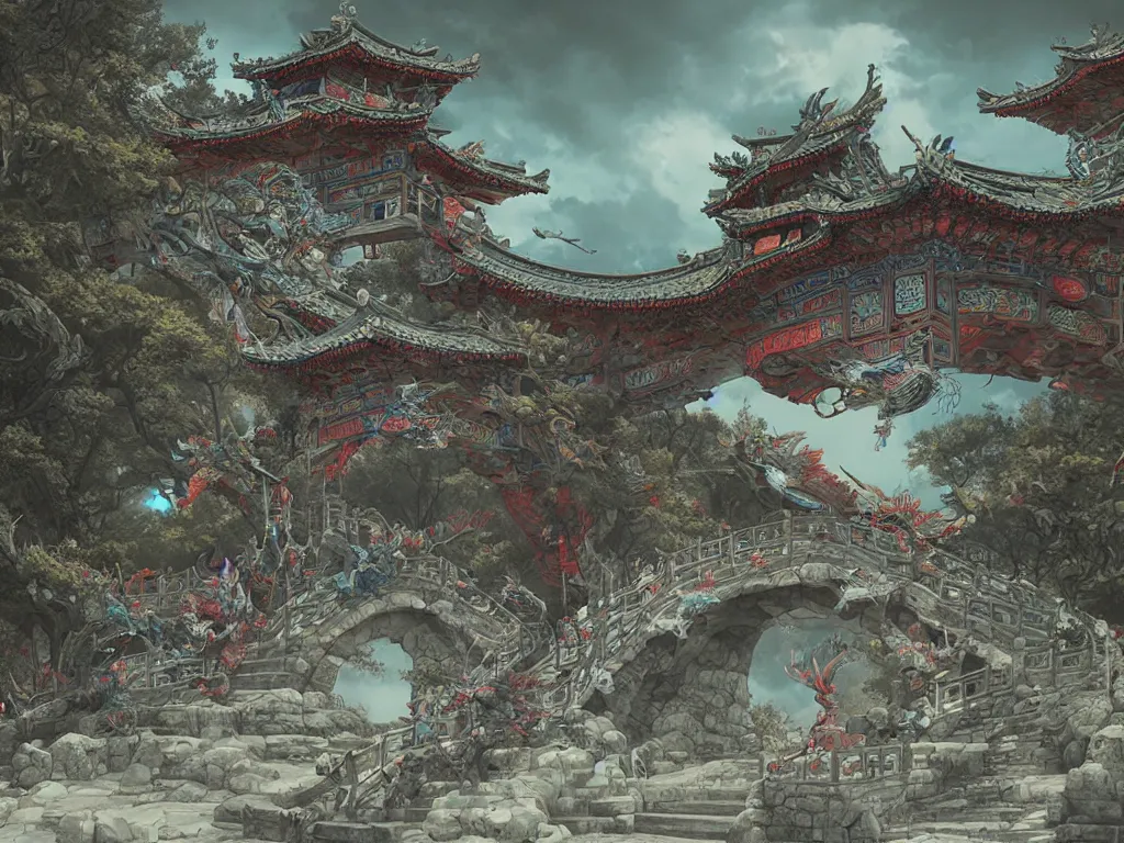 Image similar to tang dynasty shinto gate at the top of many stone steps, a chinese dragon flies behind by peter mohrbacher and dan mumford and nekro, cgsociety, volumetric light, 3 d render