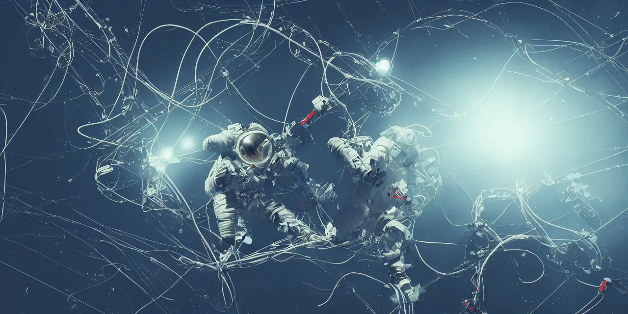 Image similar to astronaut entangled by a lot of cables, connected to a supercomputer designed by Dieter Rams, cinematic lighting, haze, moonlight, strong shadows, octane render, lens flare, particles, laser