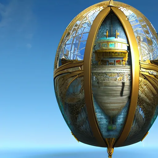 Prompt: enormous flying city in a faberge egg, sky, steampunk, fantasy art, unreal engine, aerial view