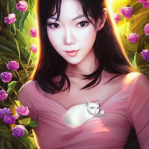 Image similar to bemused to be in surrounded by cats portrait of a vietnamese actress looking straight on, complex artistic color illustration, full detail, soft shadowing, fully immersive reflections and particle effects, concept art by artgerm, by range murata