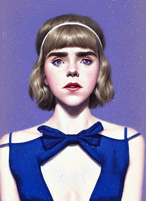 Image similar to portrait of kiernan shipka with freckles, white hair, big 1 9 6 0 s bob hairstyle with bangs and hairband, blue 1 9 6 0 s dress, intricate, elegant, glowing lights, highly detailed, digital painting, artstation, concept art, smooth, sharp focus, illustration, art by wlop, mars ravelo and greg rutkowski