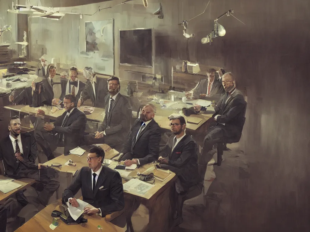 Image similar to a portrait of men in suits with tie sitting on a large table and discussing the world in a painting from stalenhag, 4 k, 8 k, hdr, artstation, concept art