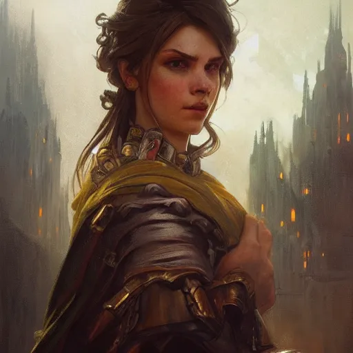 Image similar to closeup portrait of an artificer, dungeons and dragons character, dramatic lighting, castle background, gorgeous view, realistic, high detail, digital art, painted by greg rutkowski, painted by jeremy mann, painted by alphonse mucha, trending on artstation