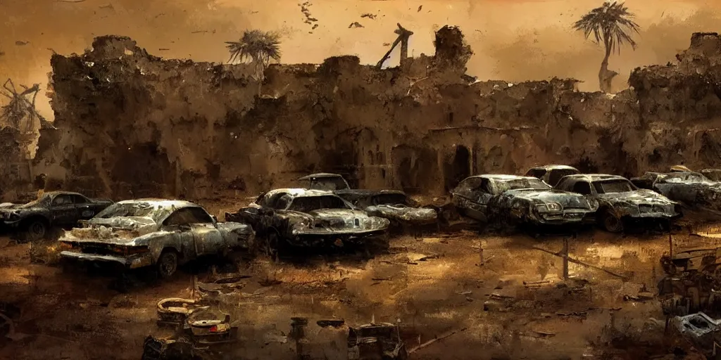 Prompt: graveyard of cars that looks like a ruin in an African landscape, lowlight, moody atmosphere, Craig Mullins style,