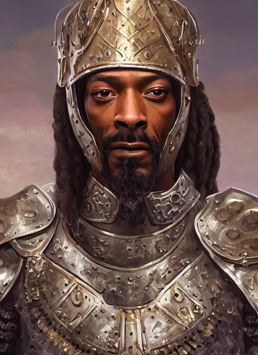 Image similar to snoop dogg as a paladin, short beard, grumpy, intricate plate armor, Ivan Aivakovsky, Boris Vallejo, epic fantasy character art, D&D Concept Art, full length, Realistic, Regal, Refined, Detailed Digital Art, Oil Paining, Exquisite detail, post-processing, masterpiece, Cinematic Lighting, Unreal Engine, 8k, HD, Stanley Artgerm Lau, WLOP, Rossdraws, Frank Frazetta, Andrei Riabovitchev, Marc Simonetti, trending on artstation,