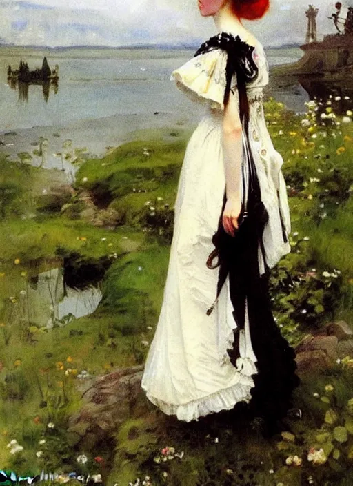 Image similar to gothic princess in baroque dress in a scenic environment. by anders zorn * *