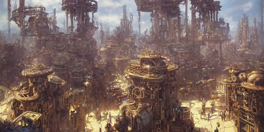 Prompt: steampunk city built on giant gears, clockwork, giant mechanisms, industry, steampunk villages castles, buildings vista artstation illustration sharp focus sunlit vista painted by ruan jia raymond swanland lawrence alma tadema zdzislaw beksinski norman rockwell tom lovell alex malveda greg staples