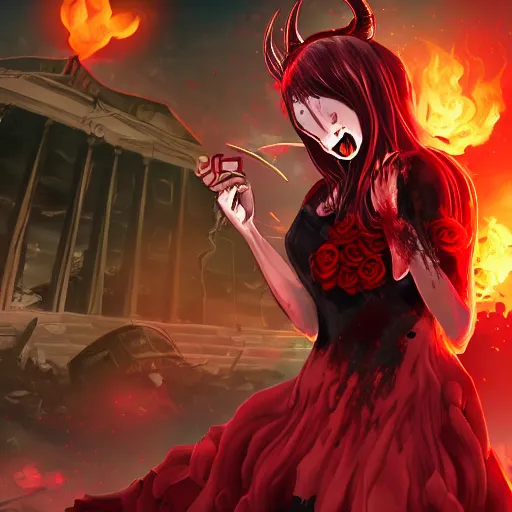 Prompt: super mad demon girl extreme anger with demon horns in a pretty black dress covered in blood with a rose in her hand in front of a destroyed city in flames, super high detail picture