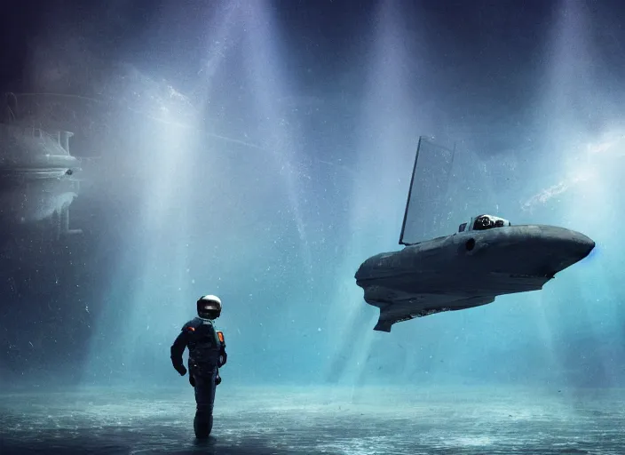 Image similar to astronaut holding a flag in an underwater desert. a submarine is visible in the distance. dark, concept art, cinematic, dramatic, atmospheric, 8 k, trending on artstation, blue, fish, low visibility, light rays, extremely coherent, bubbles, fog, ocean floor, christopher nolan, interstellar