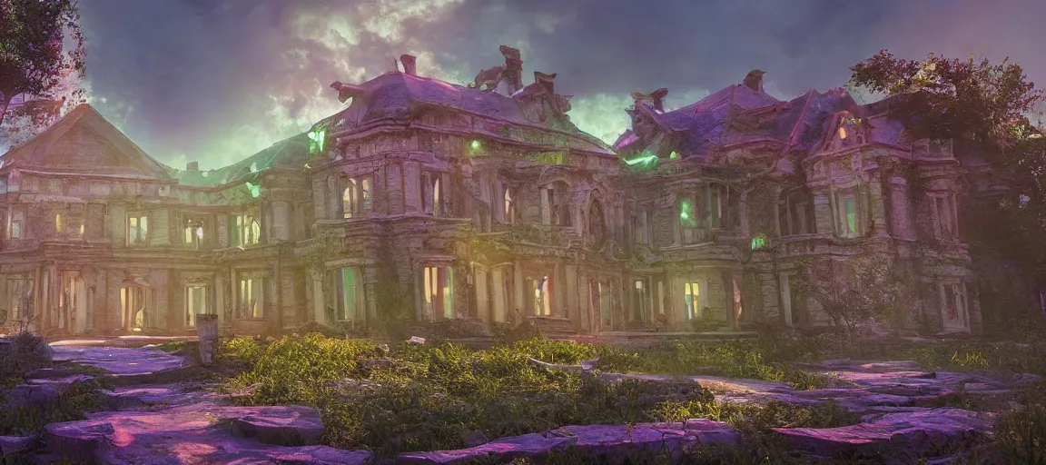 Image similar to an abandoned mansion on a humongous luminescent crystal biome by pixar, smooth, cinematic, wet reflections, ray tracing x, rtx, smooth