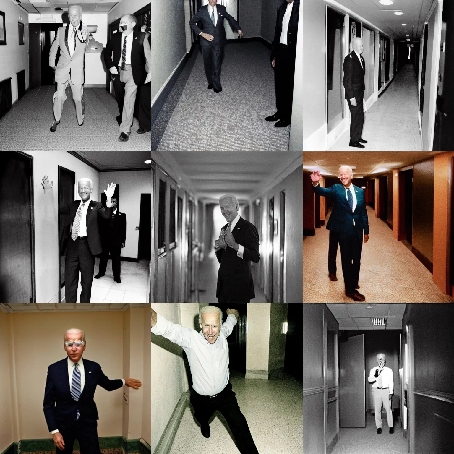 Prompt: joe biden does a t - pose at the end of a moldy hotel hallway, cursed image, 3 5 mm film, dark aura