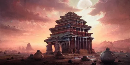 Image similar to beautiful hyperrealistic epic painting of the mysterious intricate ruins of a temple from an advanced alien civilization under the moonlight, by hubert robert and lee madwick and bastien lecouffe deharme, dramatic lighting