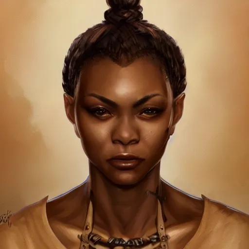 Image similar to beautiful, very strong, african american, female, middle aged, face, no makeup, no tattoos, warrior, battle hardened, head shot, fantasy, highly detailed, digital painting, artstation, concept art, smooth, sharp focus, illustration, art by jodie muir and brom