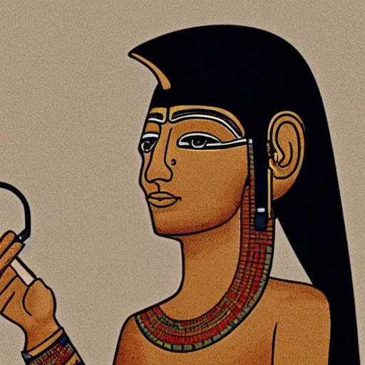 Prompt: hd photo of ancient egyptian RowLow listening to music with headphones and holding his smartphone