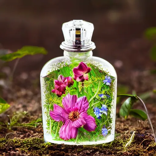 Image similar to perfume bottle in an enchanted flower patch, softly - lit, highly detailed, realistic, up close shot, f 2 0