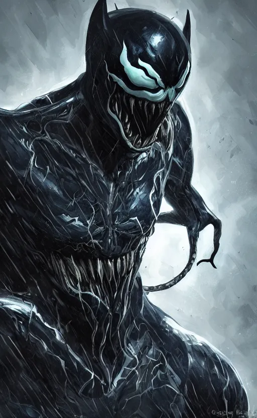 Image similar to venom as batman, dynamic lighting, photorealistic fantasy concept art, trending on art station, stunning visuals, terrifying, creative, cinematic