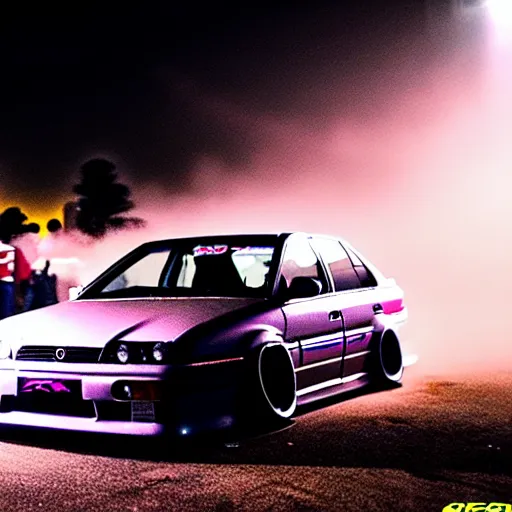 Prompt: a car JZX90 turbo drift at illegal car meet, Chiba prefecture, city midnight mist lights, cinematic color, photorealistic, highly detailed, work wheels, 200MM