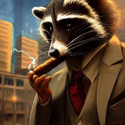 Image similar to a racoon wearing a suit smoking a cigar on his mouth, dramatic lighting, cinematic, establishing shot, extremly high detail, photorealistic, cinematic lighting, artstation, style by James Gurney