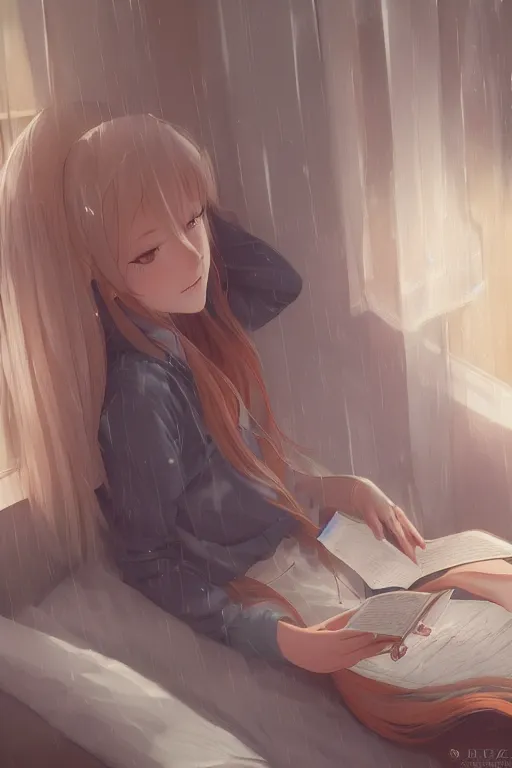 Image similar to a teenage girl in a jk uniform outfit in the bedroom reading a book in a night, raining outside the window, grey and orange theme ， wavy white long hair, by krenz cushart and mucha and akihito yoshida and greg rutkowski and wlop, detailed eyes, 4 k resolution