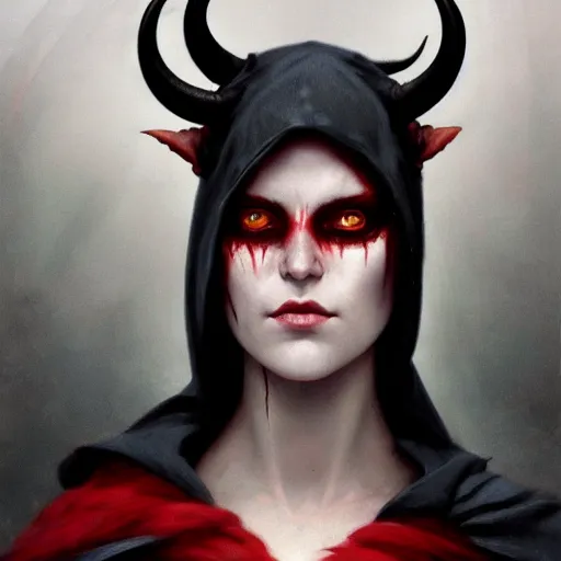 Prompt: masterpiece portrait of a clothed hooded surly and resentful female tiefling thief with red skin black sclera and horns under the hood, by Greg Rutkowski and John Collier and Krenz Cushart and Artem Demura and Alphonse Mucha and Albert Aublet, as seen on ArtStation, 4k, dungeons and dragons, very aesthetic, very detailed, intricate, unreal, fantasy, dramatic, painterly, artstation, sharp focus, smooth