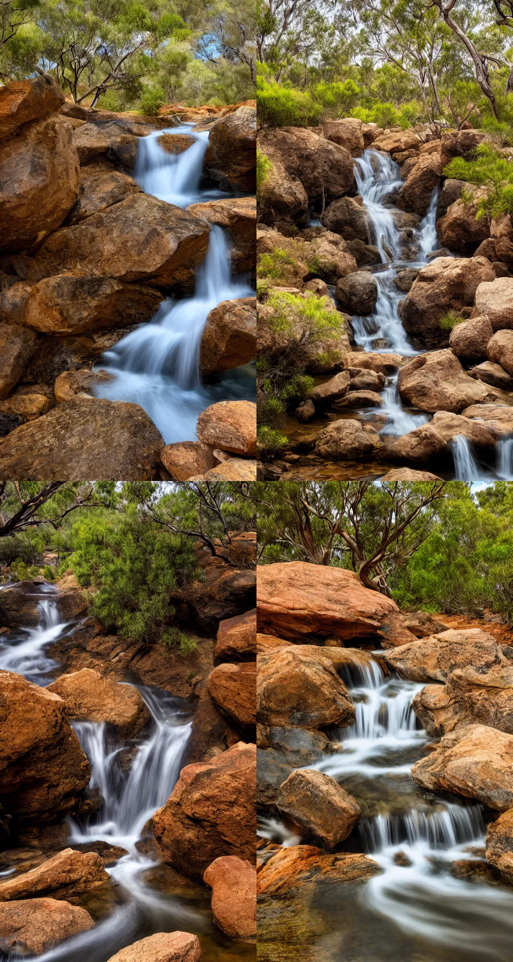 Prompt: Beautiful landscape photograph of small waterfall, australian outback, trees in background, rocks, 4k, wallpaper