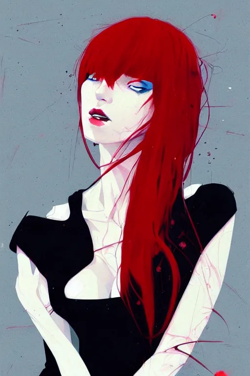 Image similar to a ultradetailed beautiful portrait panting of a stylish woman with red bangs, she is wearing a black dress, by conrad roset, greg rutkowski and makoto shinkai, trending on artstation