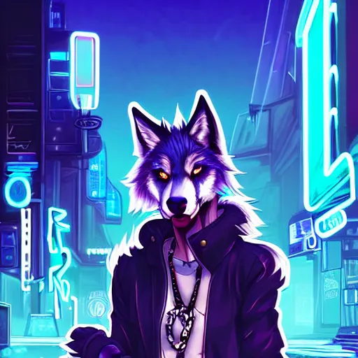 Image similar to beautiful furry digital art portrait commission of an androgynous furry anthro wolf fursona wearing punk clothes in the streets of a cyberpunk city. neon signs. character design by charlie bowater, ross tran, artgerm, and makoto shinkai, detailed, inked