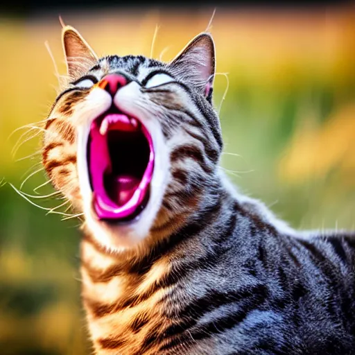 Prompt: cat screaming into a megaphone it's holding in its paw. seen from the side. award winning photo at golden hour.
